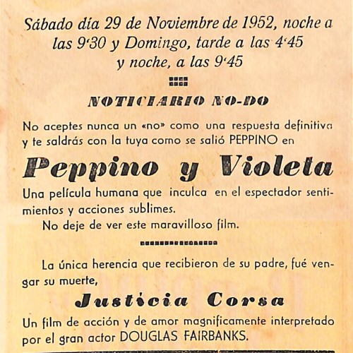 Programa de mano de la película 'Peppino y Violeta', Cine Casino Caldense