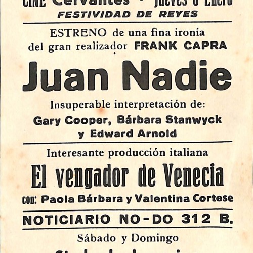 Programa de mano de cine doble: "El vengador de Venecia" y "Juan Nadie"