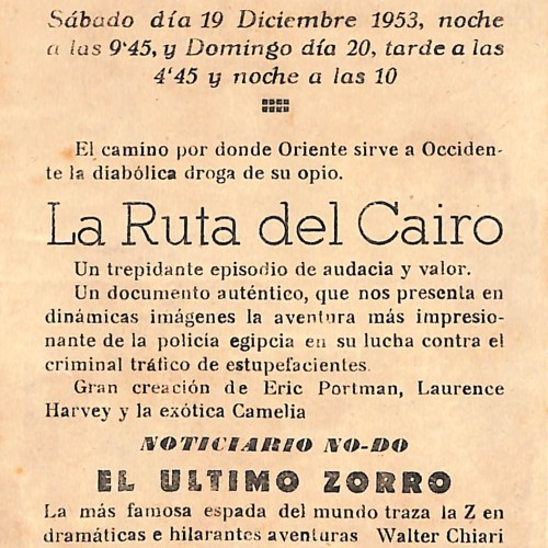 Programa de mano original de la película 'El último Zorro' (1953) y 'La Ruta del Cairo'