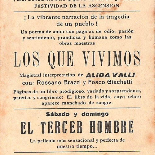 Programa de mano de la película "Los que vivimos" (Noi vivi) y "El tercer hombre" impreso por Martí y Mari, Sabadell.