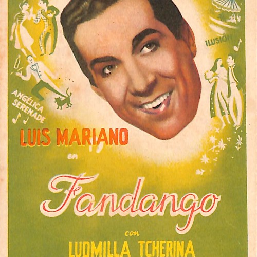 Programa de mano de la película Fandango con Luis Mariano y Ludmilla Tcherina, impreso por Gráficas Valencia, con programación d