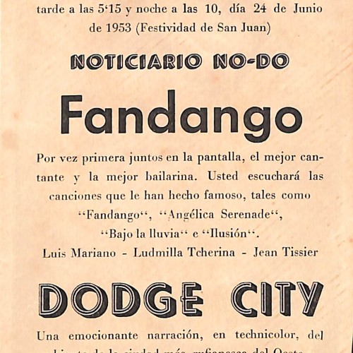 Programa de mano de la película Fandango con Luis Mariano y Ludmilla Tcherina, impreso por Gráficas Valencia, con programación d