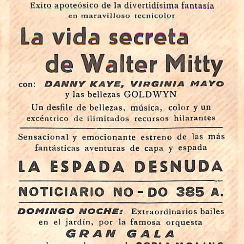Programa de mano del cine Cervantes: La vida secreta de Walter Mitty y La Espada Desnuda