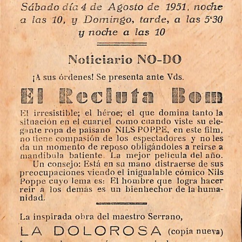 Programa de mano de la película 'El recluta Bom' (1948) del Cine Casino Caldense