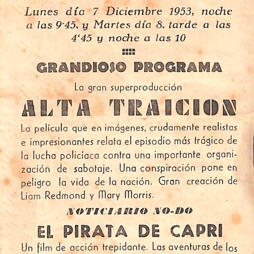 Folleto de mano del Cine Casino Caldense - "El Pirata de Capri" y "Alta Traición"
