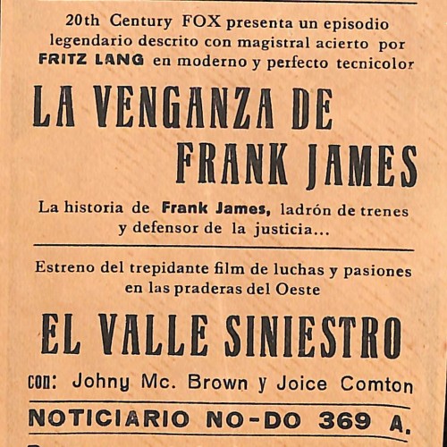 Programa de mano de cine con publicidad de las películas 'El Ídolo Caído', 'La Venganza de Frank James' y 'El Valle Siniestro'
