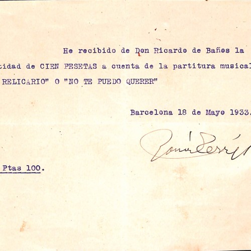 Recibo mecanografiado de pago por partitura musical, firmado por José Padilla a Ricardo de Baños