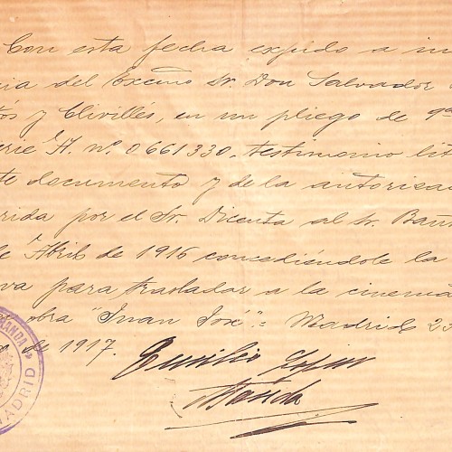 Documento manuscrito de cesión de derechos cinematográficos de la obra Juan José