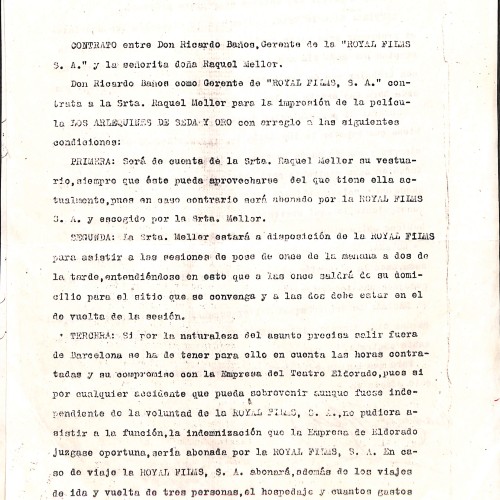 Contrato original entre Ricardo Baños (Royal Films) y Raquel Meller para 'Los arlequines de seda y oro'