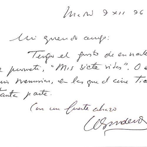 Tarjeta manuscrita de Ramón José Sender dedicada