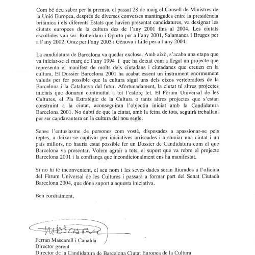 Carta del Institut de Cultura de Barcelona (1998)