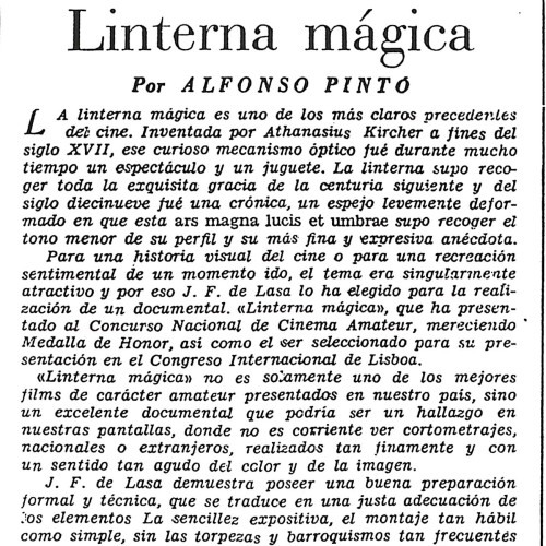 Recorte de revista con artículo "Linterna mágica" por Alfonso Pintó