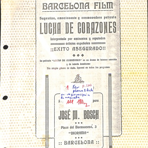 Folleto promocional de la película 'Lucha de Corazones' y boceto manuscrito de Fructuós Gelabert
