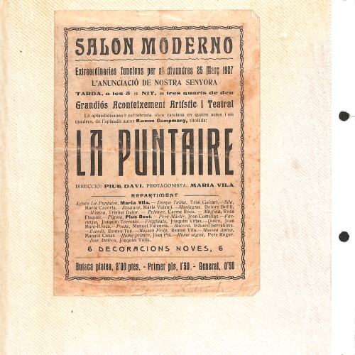 Programa de mano teatral "La Puntaire" en el Salón Moderno