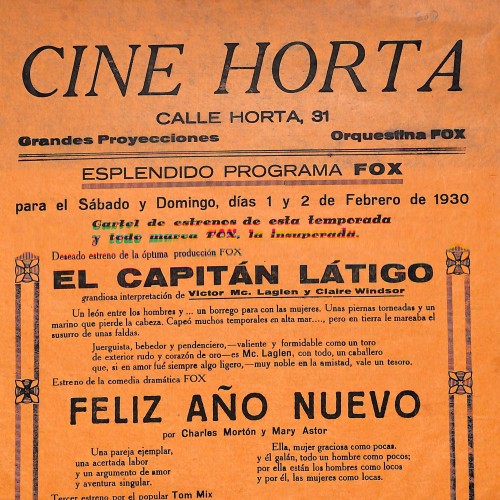 Programa de mano del Cine Horta, 1 y 2 de febrero de 1930