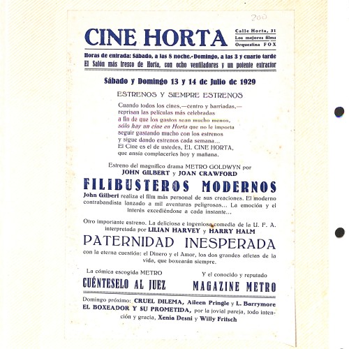 Programa de mano del Cine Horta, 13 y 14 de julio de 1929