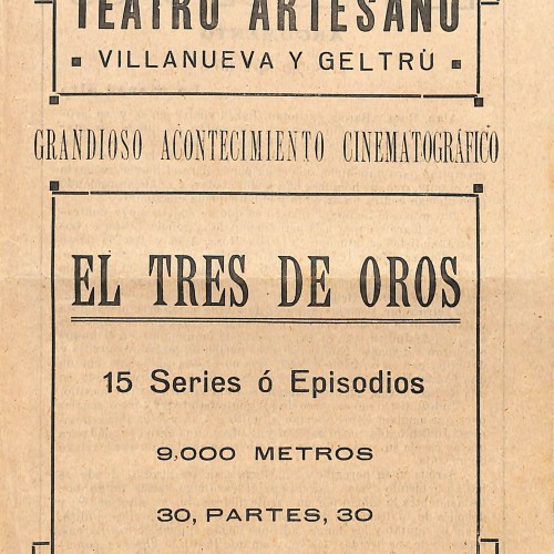 Programa de mano del serial cinematográfico "El Tres de Oros", Teatro Artesano, Villanueva y Geltrú