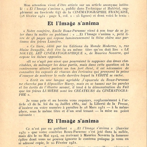 Carta abierta de Maurice Noverre debatiendo sobre los orígenes de la cinematografía