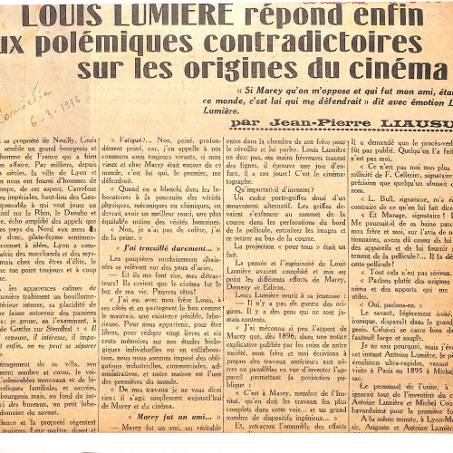 Recorte de periódico con entrevista a Louis Lumière (Comœdia, 1936)