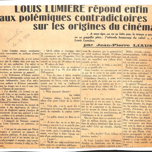 Recorte de periódico con artículo sobre Louis Lumière
