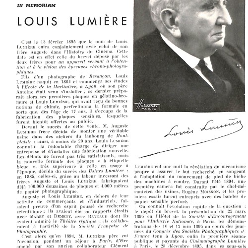 Artículo In Memoriam dedicado a Louis Lumière en la revista AFITEC