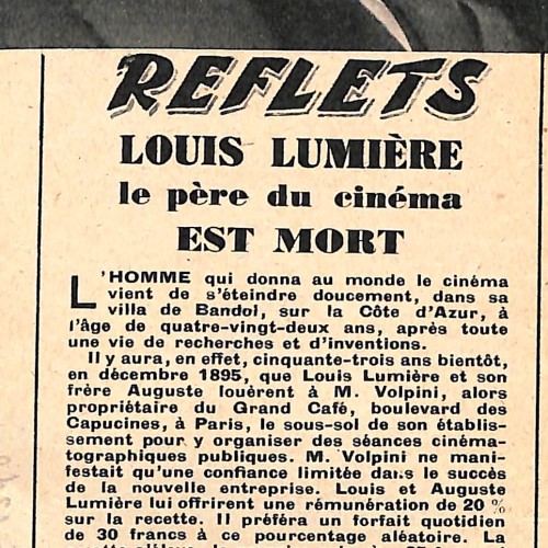 Recorte de revista francesa con obituario de Louis Lumière