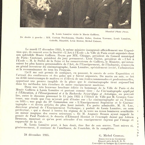 Artículo sobre el cuarenta aniversario de la primera sesión del cinematógrafo por G.-Michel Coissac