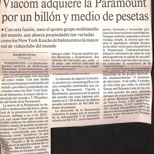 Recorte de periódico español sobre la adquisición de Paramount por Viacom