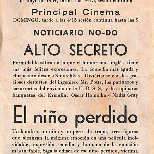 Programa de mano de cine doble: 'El niño perdido' y 'Alto Secreto'
