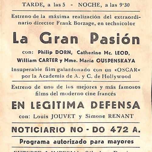 Programa de mano de la película 'La gran pasión'