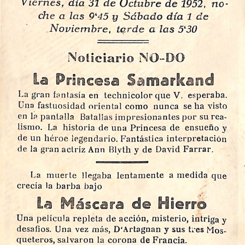 Programa de mano de la película 'La Princesa Samarkand' (Cine Casino Caldense, 1952)