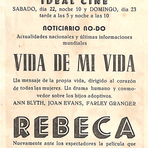 Programa de mano de las películas Vida de mi vida y Rebeca