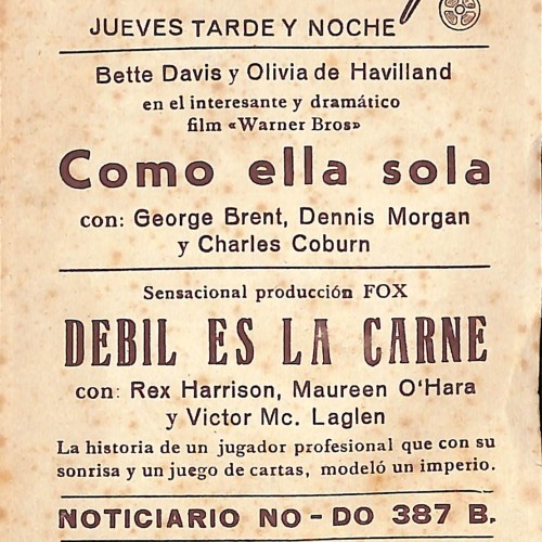 Programa de mano del cine Euterpe con el cartel de la película "Como ella sola"