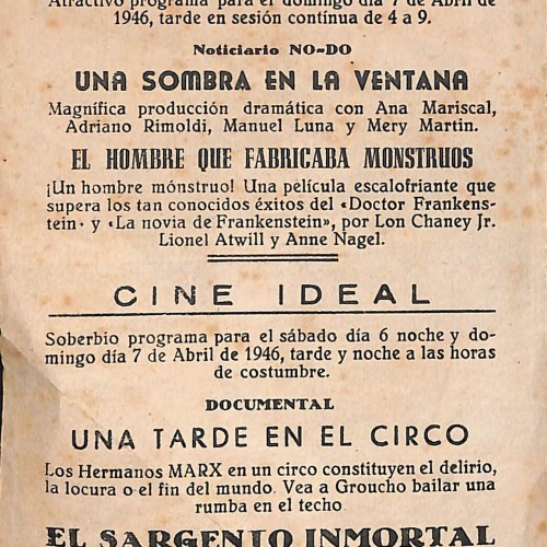 Programa de mano impreso de las películas "El Sargento Inmortal", "Una sombra en la ventana", "El hombre que fabricaba monstruos