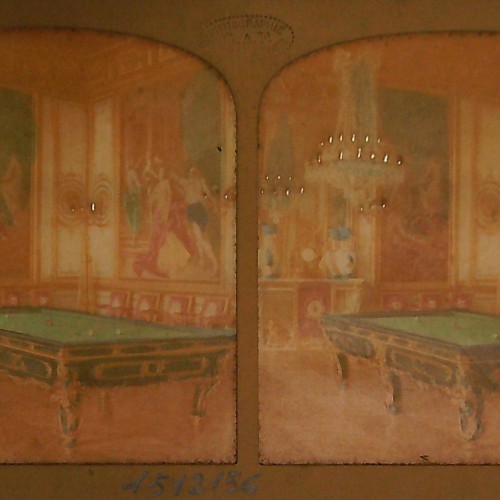 Vista estereoscópica sobre papel tissue ('tissue stereoview') coloreada a mano de la 'Salle de Billard' (Château de St-Cloud)