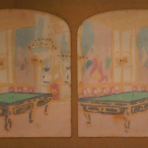 Vista estereoscópica sobre papel tissue ('tissue stereoview') coloreada a mano de la 'Salle de Billard' (Château de St-Cloud)