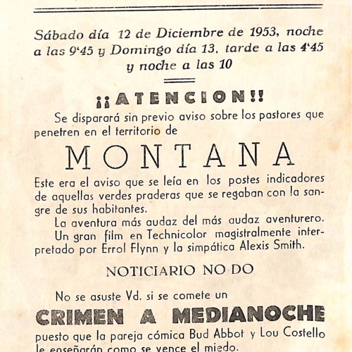 Programa de mano de la película 'Montana' con publicidad del Cine Casino Caldense (1953)