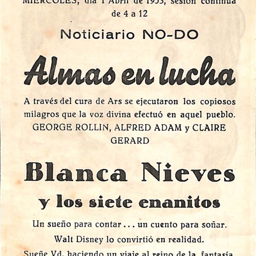 Programa de mano de cine de la película Blanca Nieves y los siete enanitos