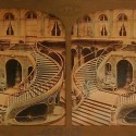 Tarjeta estereoscópica francesa tipo 'Tissue' con vista iluminada del 'Escalier François I (Hôtel de Ville)'