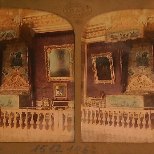 Tarjeta estereoscópica 'Tissue' (papel tisú) coloreada a mano, Chambre à coucher de Louis XIV