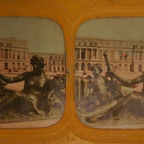 Tarjeta estereoscópica 'Tissue' francesa (Léon et Lévy), vista del Palacio de Versalles