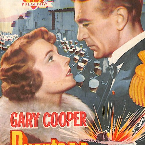 Programa de mano de cine de la película 'Puente de mando' (1949), estrenada en España en 1951, impreso con forma troquelada en l