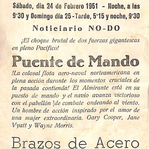 Programa de mano de cine de la película 'Puente de mando' (1949), estrenada en España en 1951, impreso con forma troquelada en l