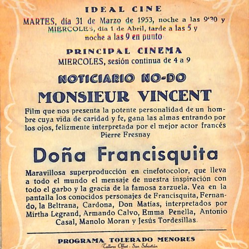 Programa de mano de la película "Doña Francisquita" (1952), dirigida por Ladislao Vajda.