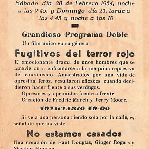 Programa de mano de la película 'Fugitivos del terror rojo' (Cine Casino Caldense, 1954)
