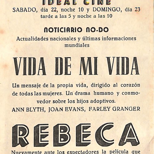Programa de mano de la película 'Rebeca', dirigida por Alfred Hitchcock, para los cines Casino e Ideal