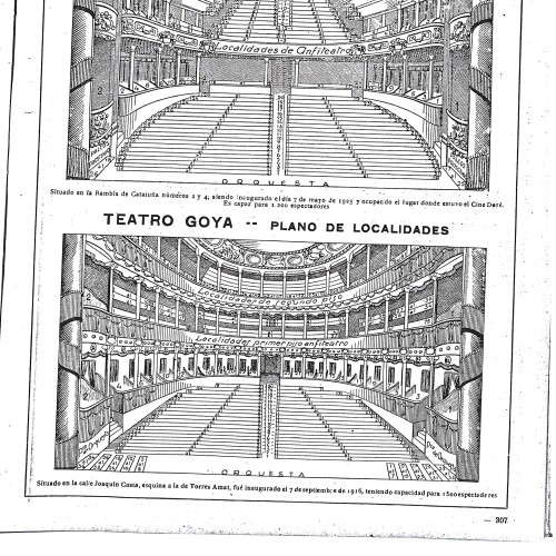 Hoja impresa con planos de localidades del Teatro Barcelona y Teatro Goya