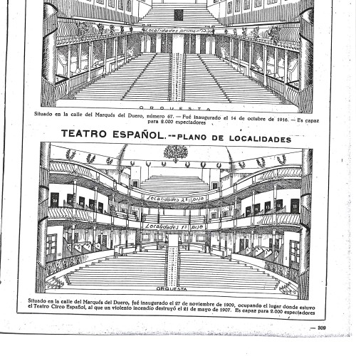 Página impresa con planos de localidades de teatros