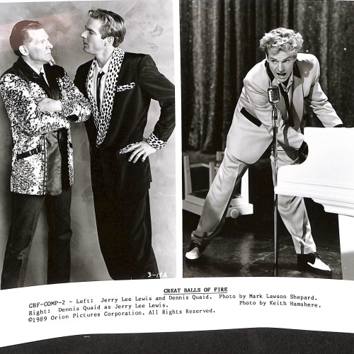 Fotografía promocional de prensa de la película 'Great Balls of Fire' (1989), con Dennis Quaid y Jerry Lee Lewis.