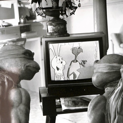 Fotografía promocional o de rodaje ('still') de las Tortugas Ninja viendo dibujos animados en la televisión